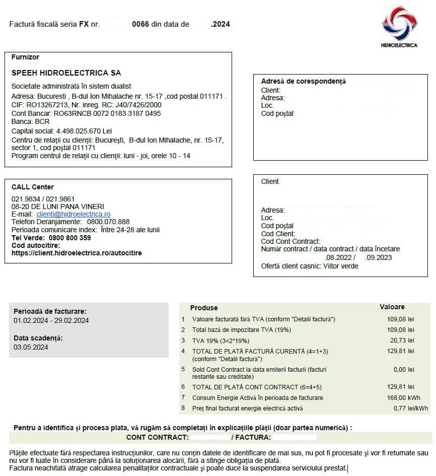 factura Hidroelectrica cu data emitere si detalii de plata